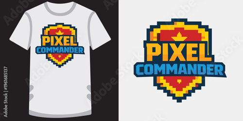Creative retro pixel art design featuring a stylized shield emblem with bold text for gaming enthusiasts and esports fans perfect for tshirts and merchandise