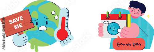 A person and sad planet plead for help on earth day with rising temperatures and awareness efforts shown