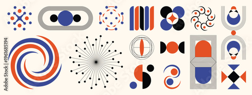 Mid century modern geometric abstract vector set with blue orange black circles, arches, radial lines and retro modular elements. Minimal decorative design for posters, branding, wall art and layouts.