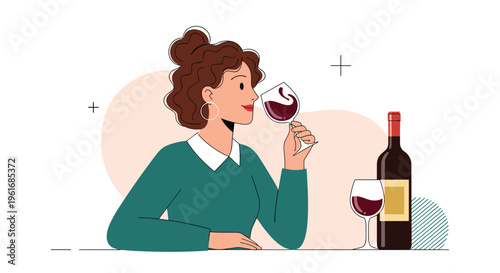 Stylish woman enjoys a quiet moment at a table while tasting a glass of fine red wine from an open bottle.