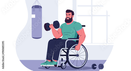 Strong bearded man in a wheelchair focuses on his strength training by lifting a heavy dumbbell at the gym.
