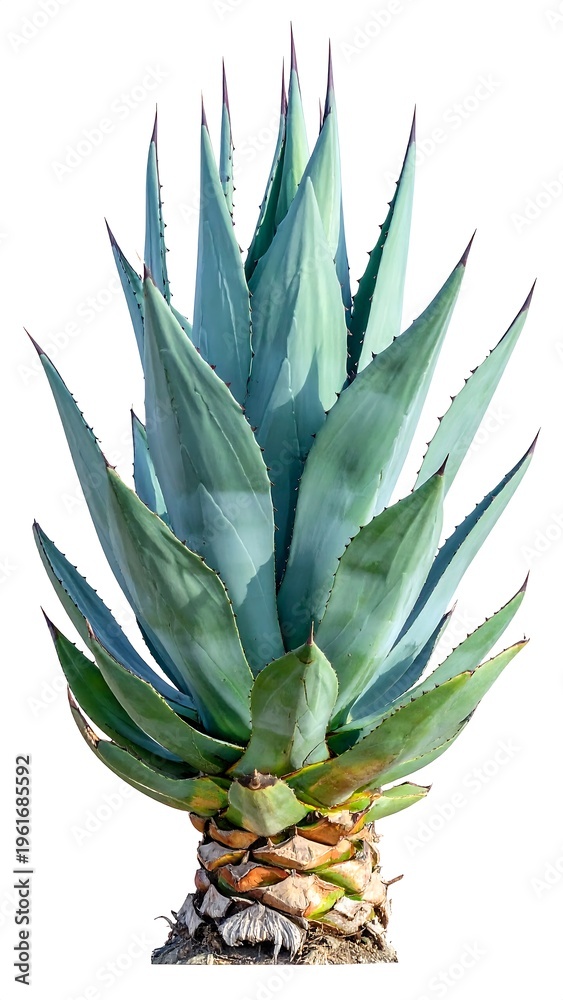 Fototapeta premium Close-up of a blue-green agave plant, with sharp leaves and a rough, textured base
