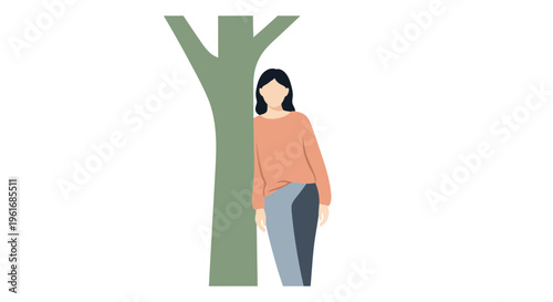 Woman standing next to tree trunk.