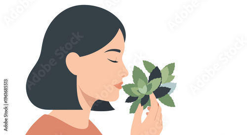 Woman Smelling Green Plant Leaves.