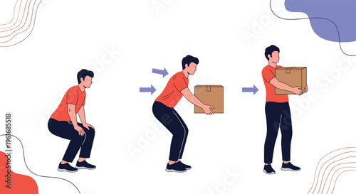 Helpful diagram illustrates the correct ergonomic postures for safely lifting heavy boxes to prevent back injuries.
