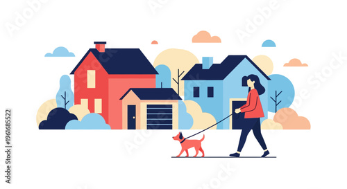 Woman Walking Dog on Leash Outdoors.