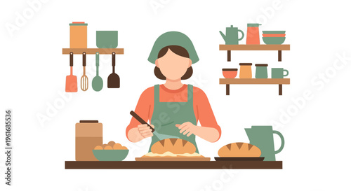 Woman wearing green apron baking bread.