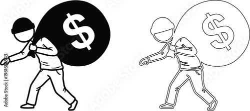 Financial burden concept man carrying heavy money bag debt pressure illustration vector silhouette and outline isolated business stress design