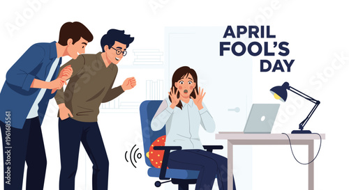 Two coworkers play a surprising prank on a shocked woman at her desk to celebrate a festive April Fool's Day.