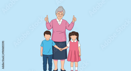 Happy grandmother gives two thumbs up while standing with her two loving grandchildren in a bright blue setting.