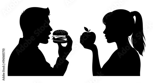 A man and woman choose between a hamburger and an apple Vector, illustration