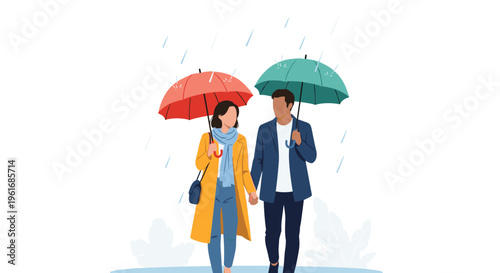 Romantic couple walks hand in hand while sharing colorful umbrellas during a peaceful walk in the gentle rain.