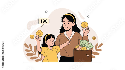 Mother and her young daughter happily putting gold coins into a wallet while learning about saving money and financial literacy.