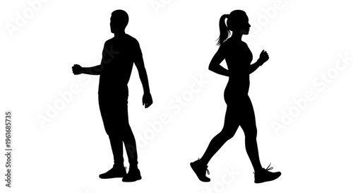 A man and woman are shown in silhouette while running Vector, illustration