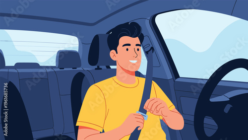 Smiling man sitting in a car and fastening his seatbelt to ensure safety before starting his drive through a scenic mountain road.