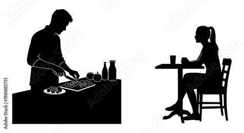Silhouette of a man serving food to a woman Vector, illustration