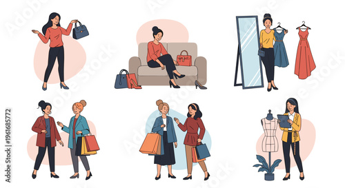 Set of scenes shows stylish women shopping for clothes, trying on shoes, and working with fashion mannequins.