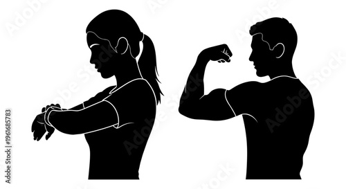 Silhouettes of a man and woman flexing their arms Vector, illustration