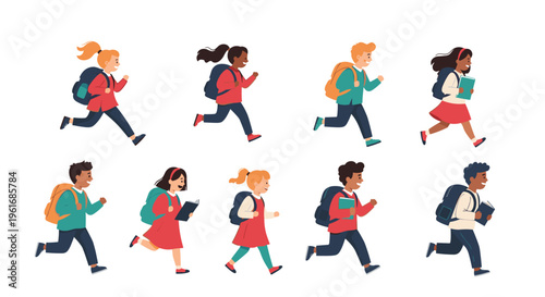 Diverse group of enthusiastic children with backpacks run happily toward their school for a new day of learning.
