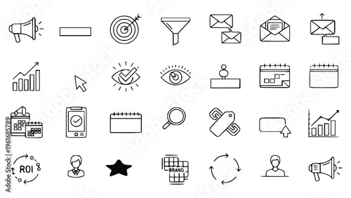 Digital marketing icons for lead generation and online strategy including lead marketing and retargeting tools