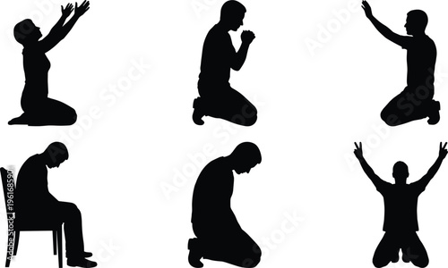 Praying people silhouettes set kneeling sitting and raising hands faith spirituality concept vector illustration black isolated human poses collection
