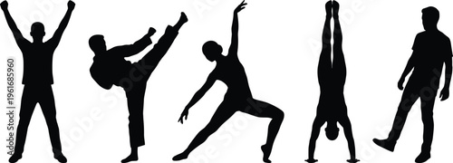 Sport fitness silhouettes set workout poses karate yoga handstand and standing athlete vector illustration black isolated active lifestyle design
