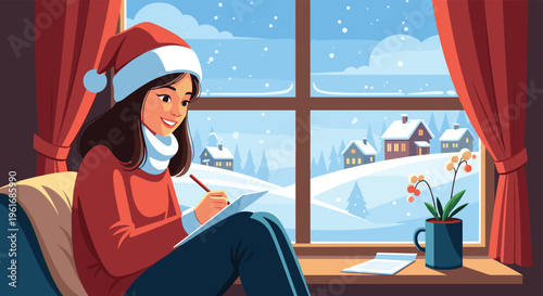 Girl wearing a Santa hat sitting by the window and writing Christmas cards or wish lists while looking at the snowy winter landscape.