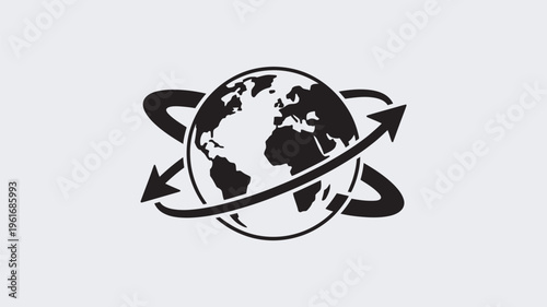 A black and white illustration of the Earth with arrows circling around it, symbolizing global movement and connection.