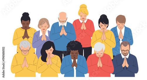 Diverse group of people from different backgrounds standing together with their eyes closed and hands folded in a moment of prayer.