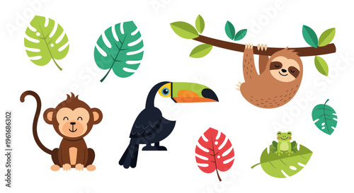 Cute Jungle Animals: Monkey, Sloth, Toucan, Frog with Tropical Leaves