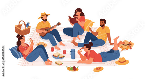 Diverse Group Enjoying a Relaxing Picnic Outdoors