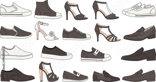 Footwear Icon Set Featuring Sneakers, High Heels, Flats, and Casual Shoes for Fashion and Lifestyle Design Projects