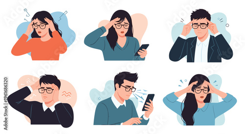 Set of people suffering from headaches and stress related to overworking and digital eye strain from using electronic devices.