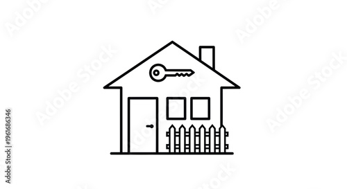 Homeownership Icon: House with Key Symbol, Property Concept, Real Estate Outline