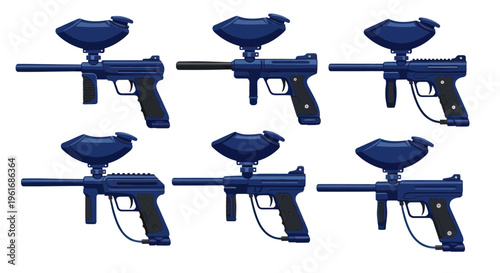 Paintball Gun Set: Six Blue Markers with Hoppers on White Background