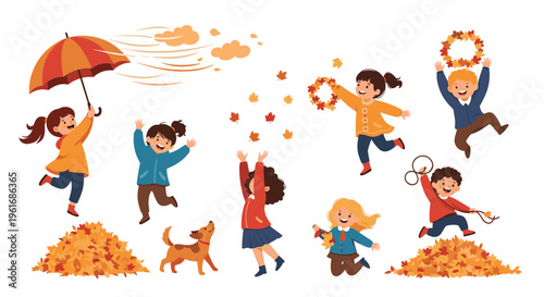 Set of happy children playing outside in the autumn season jumping in leaf piles and enjoying the windy fall weather with friends.