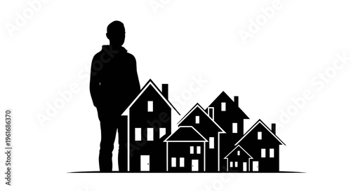 Man Silhouette Standing Next to Small Houses - Real Estate Concept