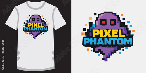 Cute retro pixel art design featuring a ghostly phantom character with vibrant colors and blocky text reading pixel phantom