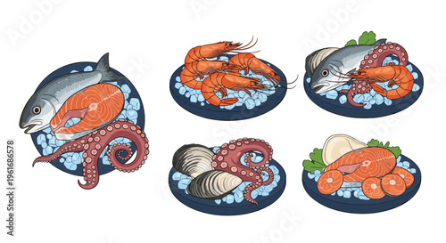 Set of delicious fresh seafood platters featuring fish octopus shrimp and shells served on ice for a healthy mediterranean meal.