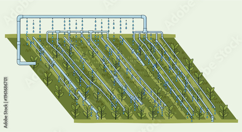 A detailed illustration of an agricultural irrigation system watering rows of crops in a green field.