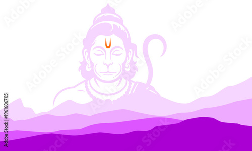 Serene purple illustration of Lord Hanuman rising above layered mountains, minimalist divine spiritual artwork perfect for Hindu devotional, meditation, and religious themes