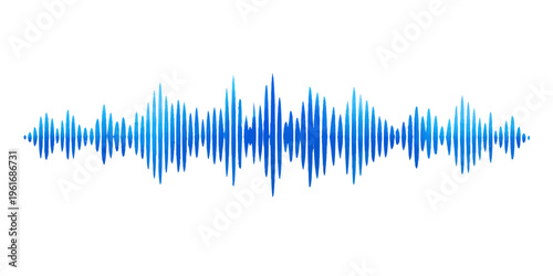 A blue digital waveform vector illustration displays a professional audio frequency spectrum and electronic sound wave graph designed for modern music technology and business radio display systems