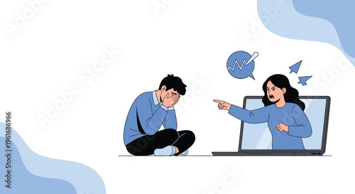 Young boy suffering from cyberbullying and emotional distress as a person on a laptop screen points and yells at him.