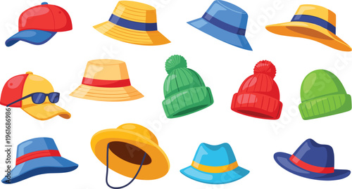 Colorful Hat Collection Featuring Baseball Caps, Sun Hats, Beanies, and Wide-Brimmed Hats for Casual and Trendy Designs