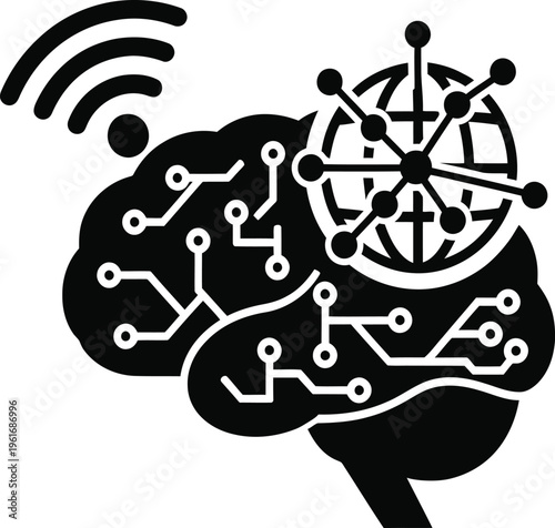 Brain with circuit board and wireless signal, symbolizing artificial intelligence and neural networking
