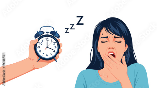 Tired young woman yawns deeply while someone holds a blue alarm clock nearby to show the early morning wake up time.