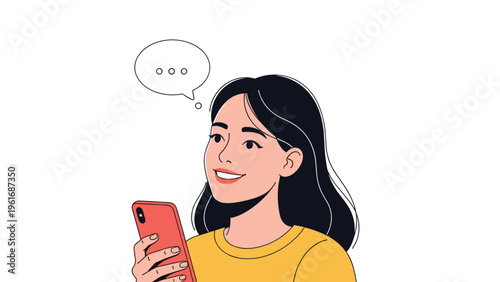 Happy young woman looks up with a smile while holding her red smartphone and dreaming about a pleasant message.