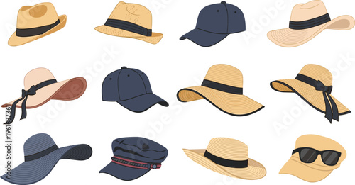 Hand-Drawn Hat Collection Featuring Various Styles Including Straw Hats, Baseball Caps, and Wide-Brimmed Hats for Fashion Design
