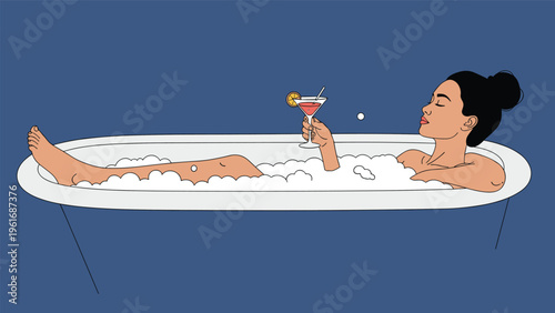 Relaxed woman enjoys a warm bubble bath with a cocktail in her hand while sitting in a white tub on a blue background.