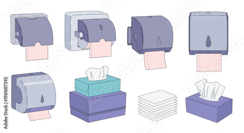 Collection of various bathroom paper towel dispensers and tissue boxes for hygiene and sanitation in public and private spaces.